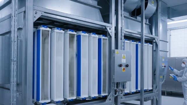 Medium shot focusing on air filters installed in hatchery ventilation systems to control airborne diseases and maintain clean air.