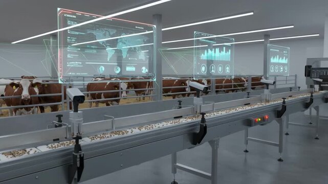 Medium shot of a conveyorbelt system integrated with realtime monitoring to adjust feed quantity based on animal activity in a hightech farm environment.