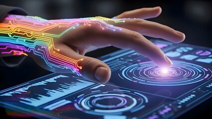 Person's hand interacting with futuristic digital interface displaying colorful glowing circuits and data visualizations.