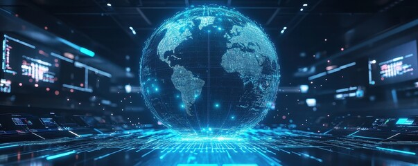 Fototapeta premium Floating hologram globe above grid surface network links pulse across oceans futuristic control room mood global business innovation