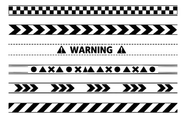 Graphic warning border set featuring hazard stripes, chevron patterns, and caution text for safety design
