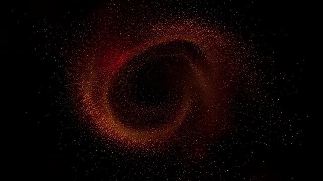 Arcing initial twin particle streams merging into luminous ring in space, revealing red core