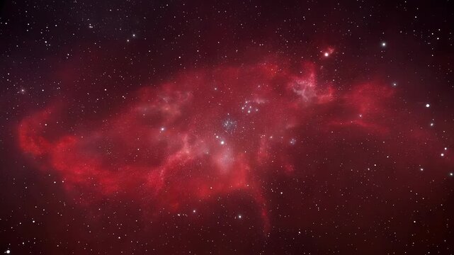 Pulling back, camera panning and revealing red emission nebula in space with compact cluster