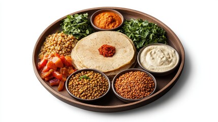 A wooden plate showcases an assortment of Indian cuisine featu flatbreads, lentils, vegetables, dips, and herbs, arranged beautifully against a white surface.