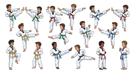Cartoon illustration of diverse boys practicing various taekwondo poses and kicks in white uniforms with colored belts against a clean white background.