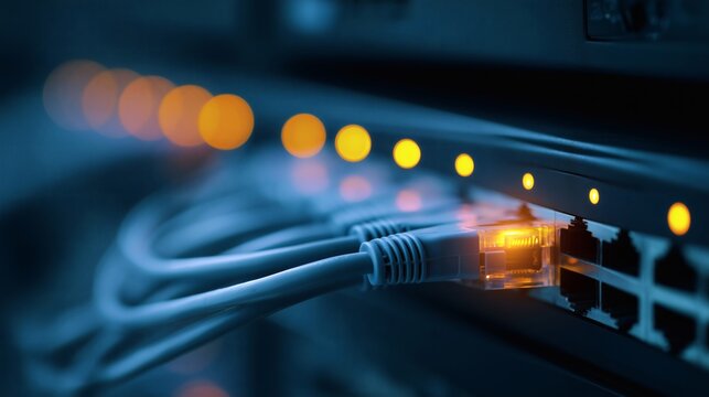 Ethernet cable connected to network switch port with illuminated activity indicators and shallow depth of field.