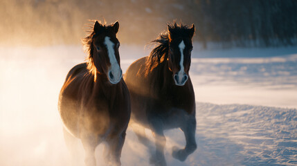 Hyperrealistic premium commercial stock photo of two horses galloping together in snow, medium shot, synchronized motion, snow spray frozen, breath vapor visible, golden sunrise ba