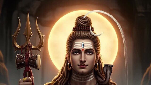 shiva deity portrait with trishula and damaru, halo glow in cavern backdrop