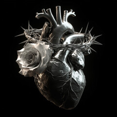 A crystal human heart made of chrome metal with roses and crown of thorns