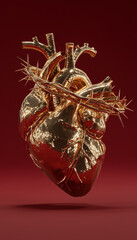 A crystal human heart made of gold metal with roses and crown of thorns