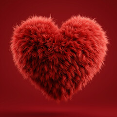 3d red heart made of fur, isolated on a solid red background
