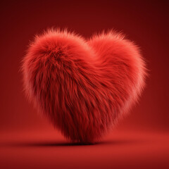 3d red heart made of fur, isolated on a solid red background