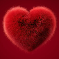 3d red heart made of fur, isolated on a solid red background