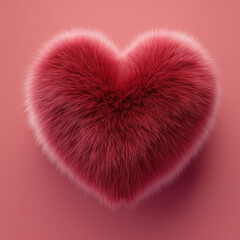 3d red heart made of fur, isolated on a solid red background