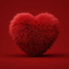 3d red heart made of fur, isolated on a solid red background