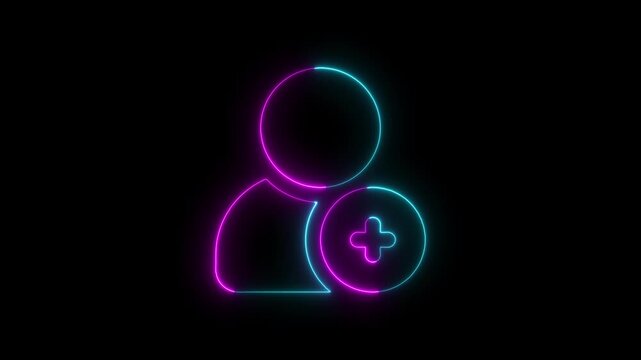 Glowing profile add user icon animation black background .add friend icon animation plus sign add member head face people man profile animated. neon icon of user in flat Secure login to user account.