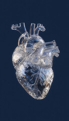 A crystal human heart made of glass or ice