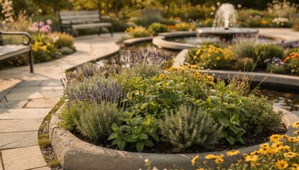 Obraz premium Medium shot of a dementia garden featuring vibrant foliage and calming water features centered on a tactile herb bed with the rest of the garden softly out of focus.