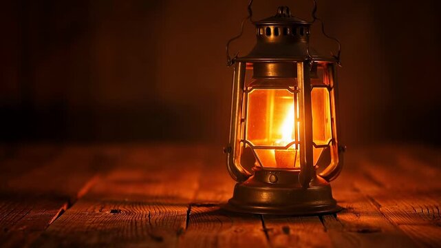 Burning since 1st frame, antique metal lantern lighting worn tabletop with amber light, lens flare