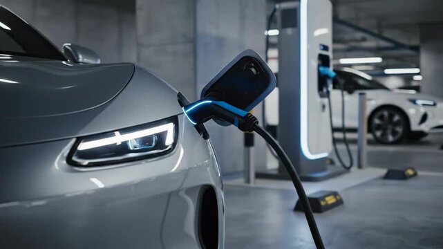 Close-up of a silver electric car being charged at a station with a smartphone on the charger in a modern garage.