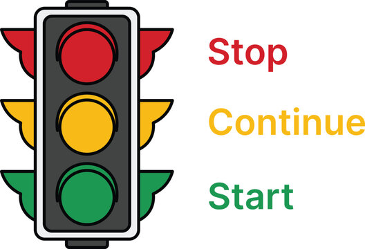 Red yellow green traffic light with stop continue start text
