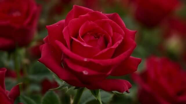 Zooming camera revealing single red rose bloom in rose bed, showing petal detail, leaves, stem, dew