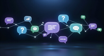 Futuristic customer communication concept with glowing chat bubbles connected in a digital space, symbolizing support, messaging, and modern service.