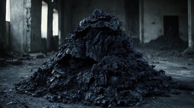 A large pile of dark decaying unidentifiable organic matter sits on the floor of an abandoned building