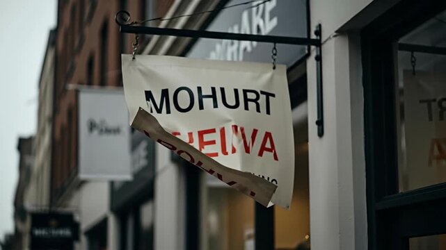Weathered Hanging Shop Sign on Urban Storefront Row.