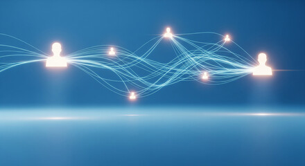 Abstract customer service concept with glowing communication lines linking human silhouettes, symbolizing support, trust, connection, and modern help.