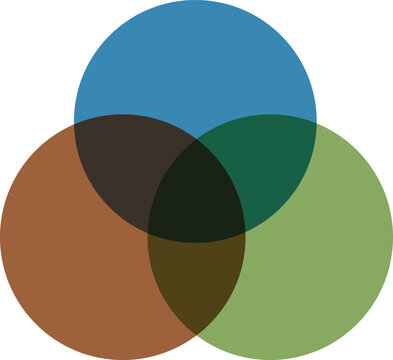Three overlapping circles in blue brown and green with dark center Venn diagram