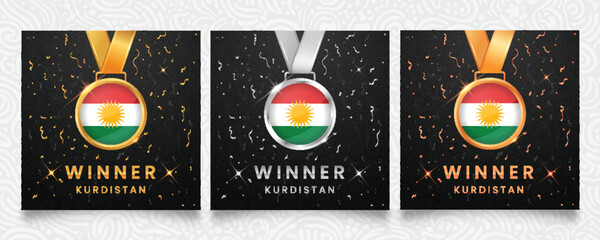Winner templates for Kurdistan. Gold silver and bronze medals featuring the Kurdish flag design on dark background with sparkles and confetti. Vector illustration.