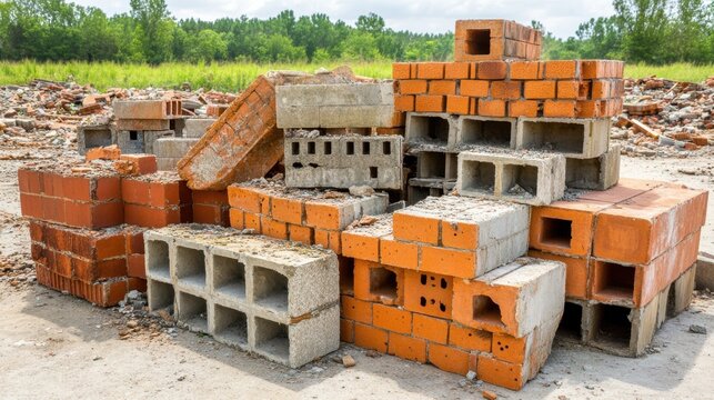 A large heap of salvaged building materials including intact and broken bricks and cinder blocks stacked outdoors on a sunny day with green trees in the background