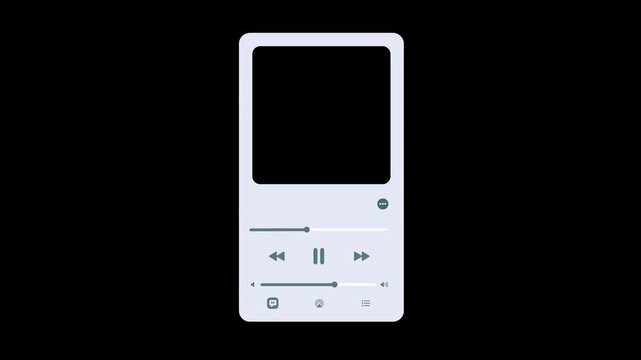 Vertical animated audio player interface overlay. Apple music playback UI with progress bar and black album placeholder. Song and artist streaming service template. 60 fps MOV, Transparent Background