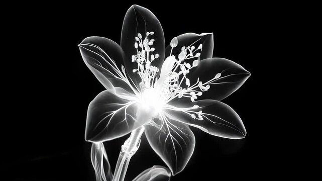 Opening single flower unfolding petals in studio black backdrop after light shift, revealing pistil