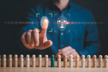 Person activating a futuristic biometric security system with glowing fingerprint and facial recognition