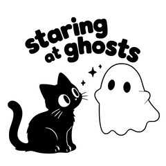 cute black cartoon cat staring at ghost with playful staring at ghosts text, funny spooky illustration isolated on white background.