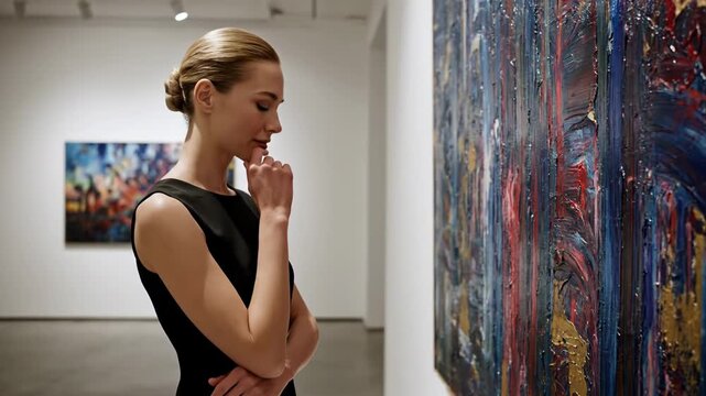 Beautiful woman thoughtfully observing a contemporary artwork in a modern museum exhibition