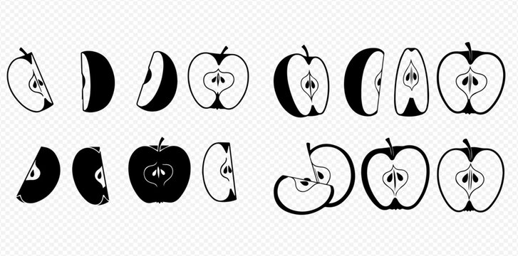 Set of black and white apple icons with whole, half, and sliced fruit illustrations.
