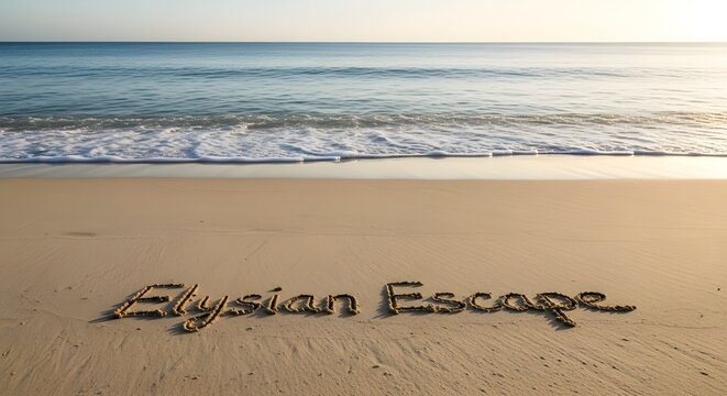 The words Elysian Escape are beautifully written into the golden sand of a serene tranquil beach next to gentle ocean waves