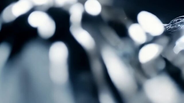 Moving camera forward causing glossy ribbons rippling under specular points in dark studio, beads