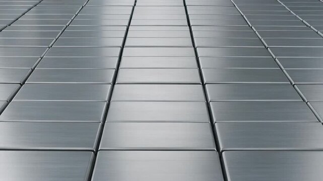 Signal sending central band of shiny panels in studio rising tilting sliding forming stepped path