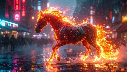 Fiery Horse in City Street at Night.