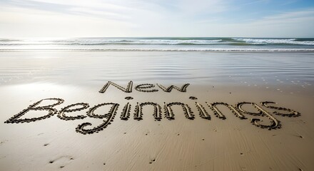 The meaningful words New Beginnings are clearly written in the wet sand on a beautiful sunny ocean beach with gentle waves
