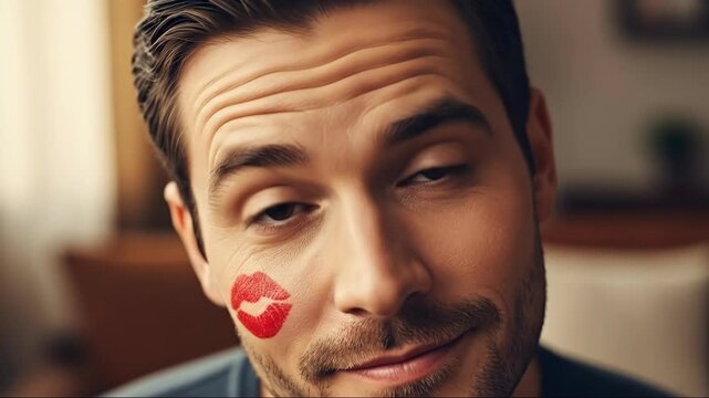Charming man with lipstick kiss mark showing happy expressions in cozy home setting