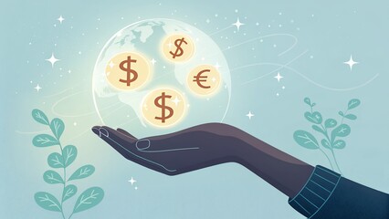 Hand holding floating currency symbols globe concept