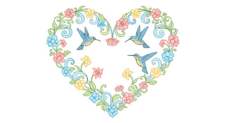 Ornate heart shaped floral frame composed of colorful flowers and scrolls with three blue hummingbirds inside.