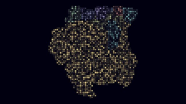 Suriname animated country shape. Pulsating colored dots on the map of the country. Small size rounded square blocks. Digital style Suriname map on dark background. Awesome animation video.