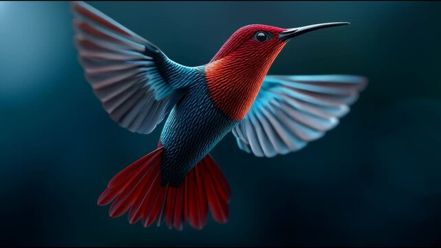 A hummingbird is flying in the air with its wings spread wide. The bird is red and blue, and its wings are white. The image has a serene and peaceful mood