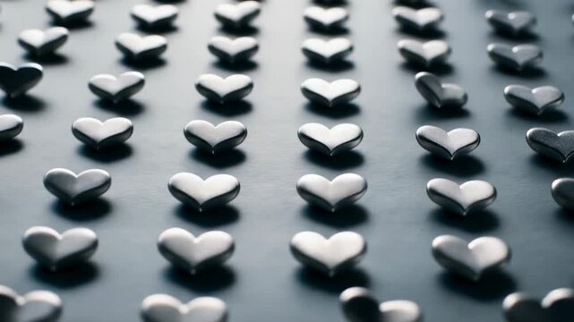 Moving camera showing steel heart studs with focal plane shifting on dark plate revealing grid
